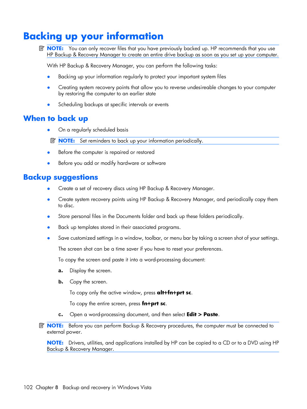 HP 530 manual Backing up your information, When to back up, Backup suggestions 