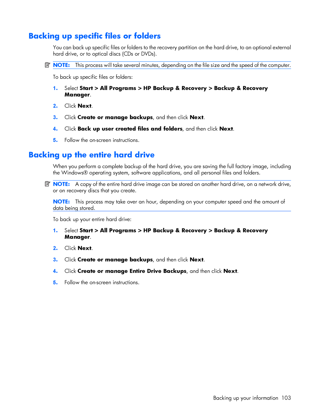 HP 530 manual Backing up specific files or folders, Backing up the entire hard drive 