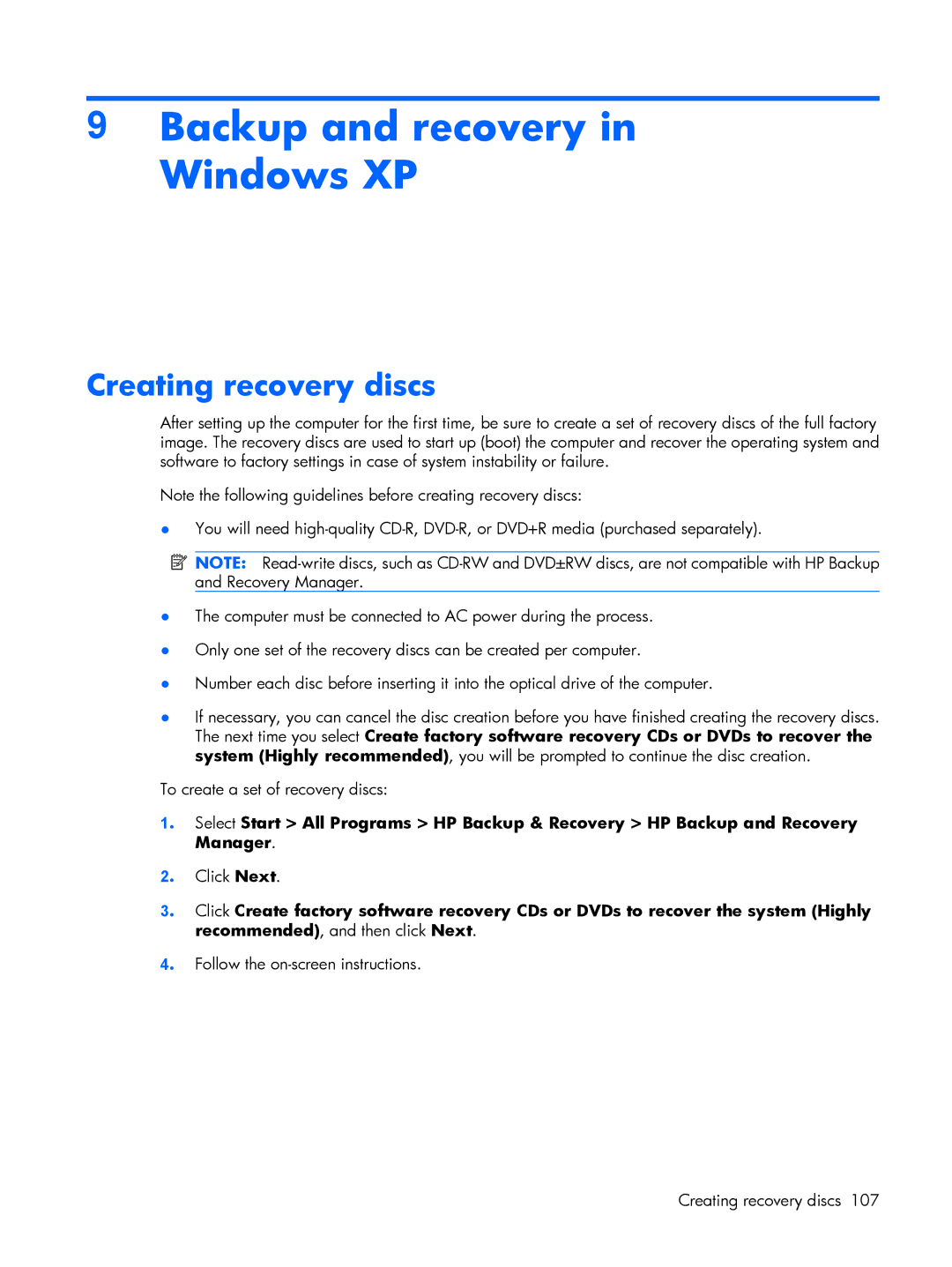 HP 530 manual Backup and recovery in Windows XP, Creating recovery discs 