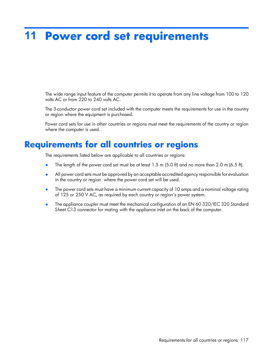 HP 530 manual Power cord set requirements, Requirements for all countries or regions 