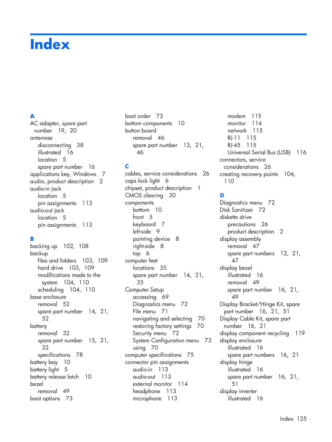 HP 530 manual Index 