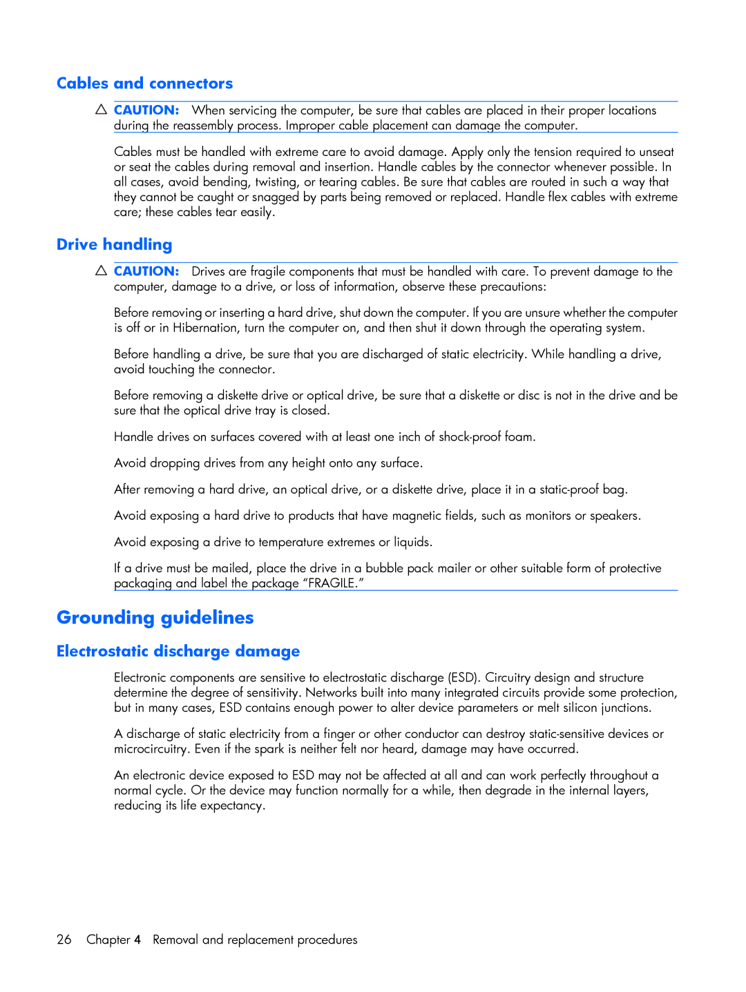 HP 530 manual Grounding guidelines, Cables and connectors 