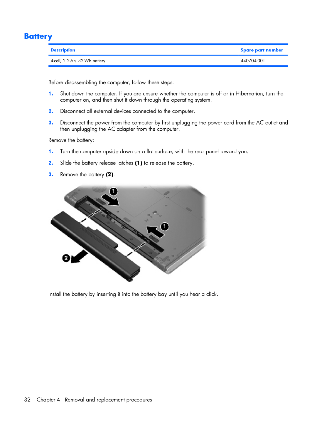 HP 530 manual Battery, Description Spare part number 