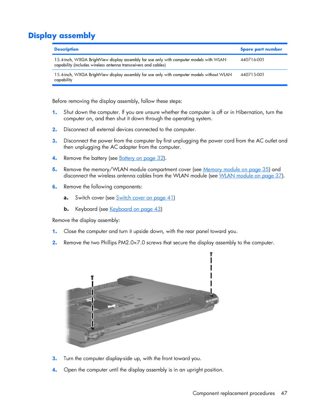 HP 530 manual Display assembly, Description Spare part number 