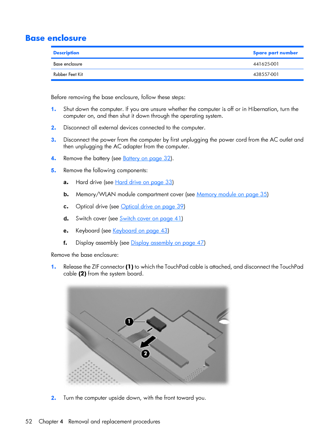 HP 530 manual Base enclosure, Description Spare part number 