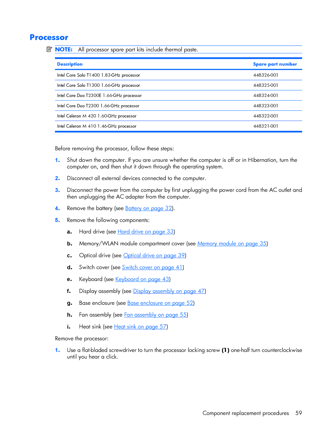 HP 530 manual Processor, Description Spare part number 