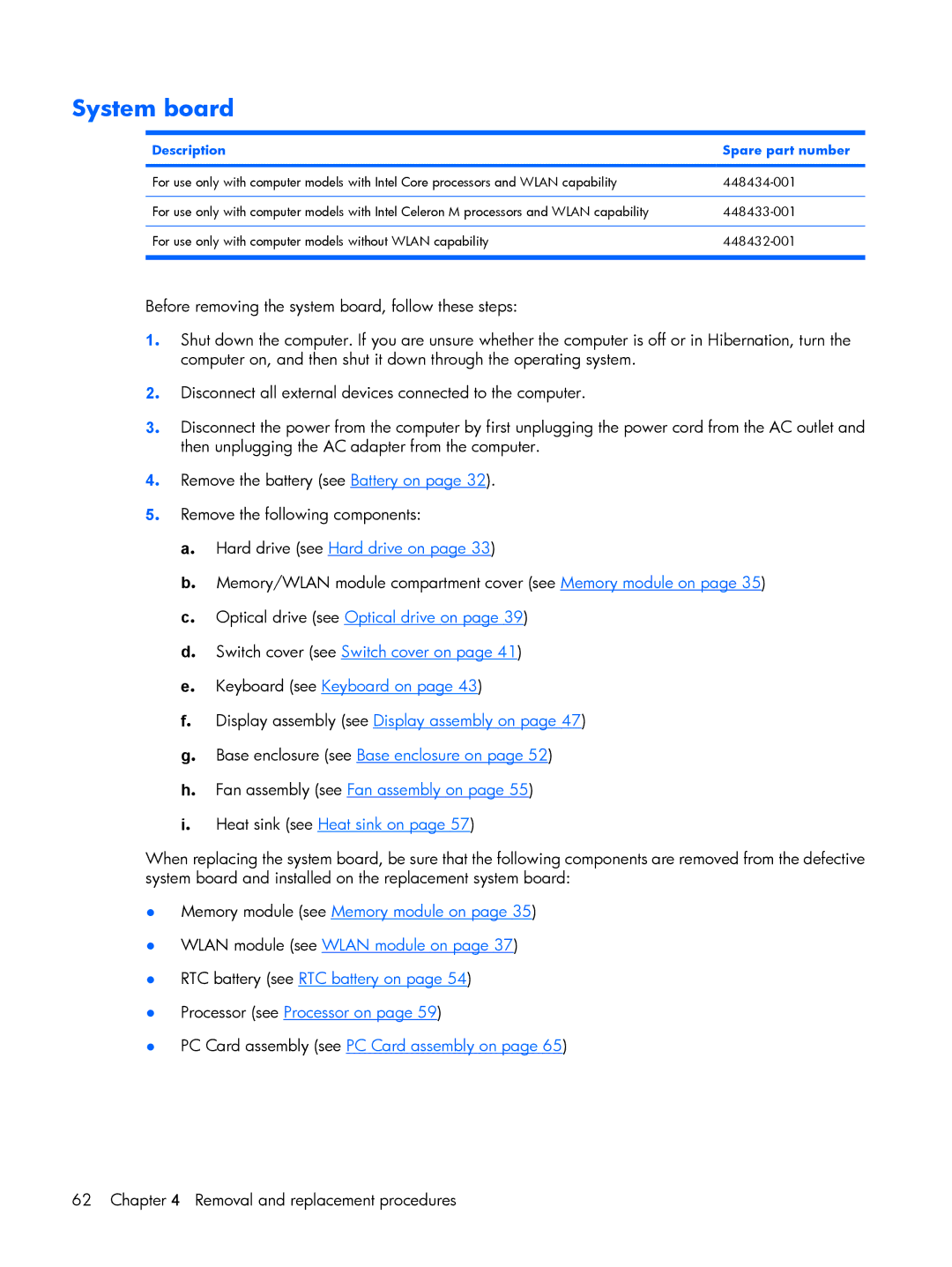 HP 530 manual System board, Description Spare part number 