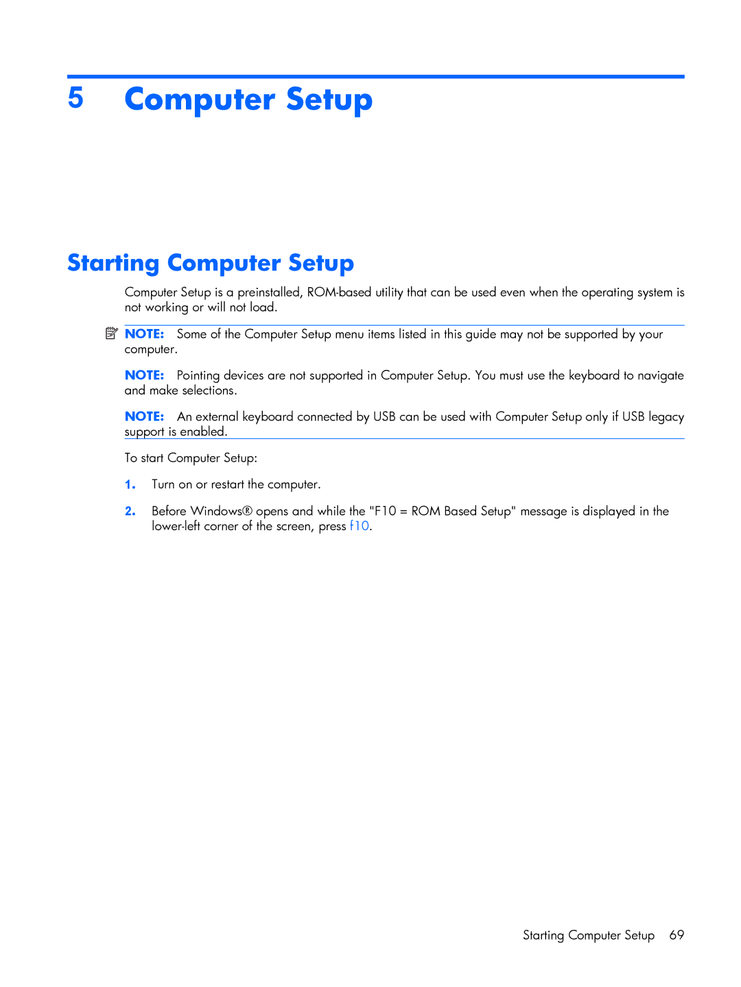 HP 530 manual Starting Computer Setup 