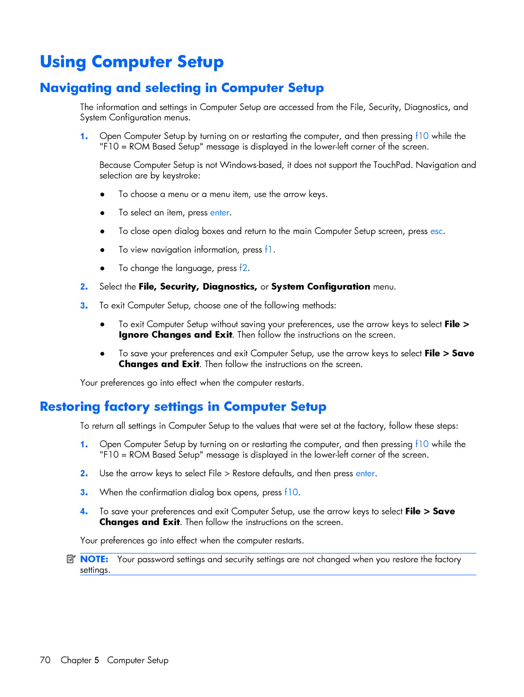 HP 530 Using Computer Setup, Navigating and selecting in Computer Setup, Restoring factory settings in Computer Setup 