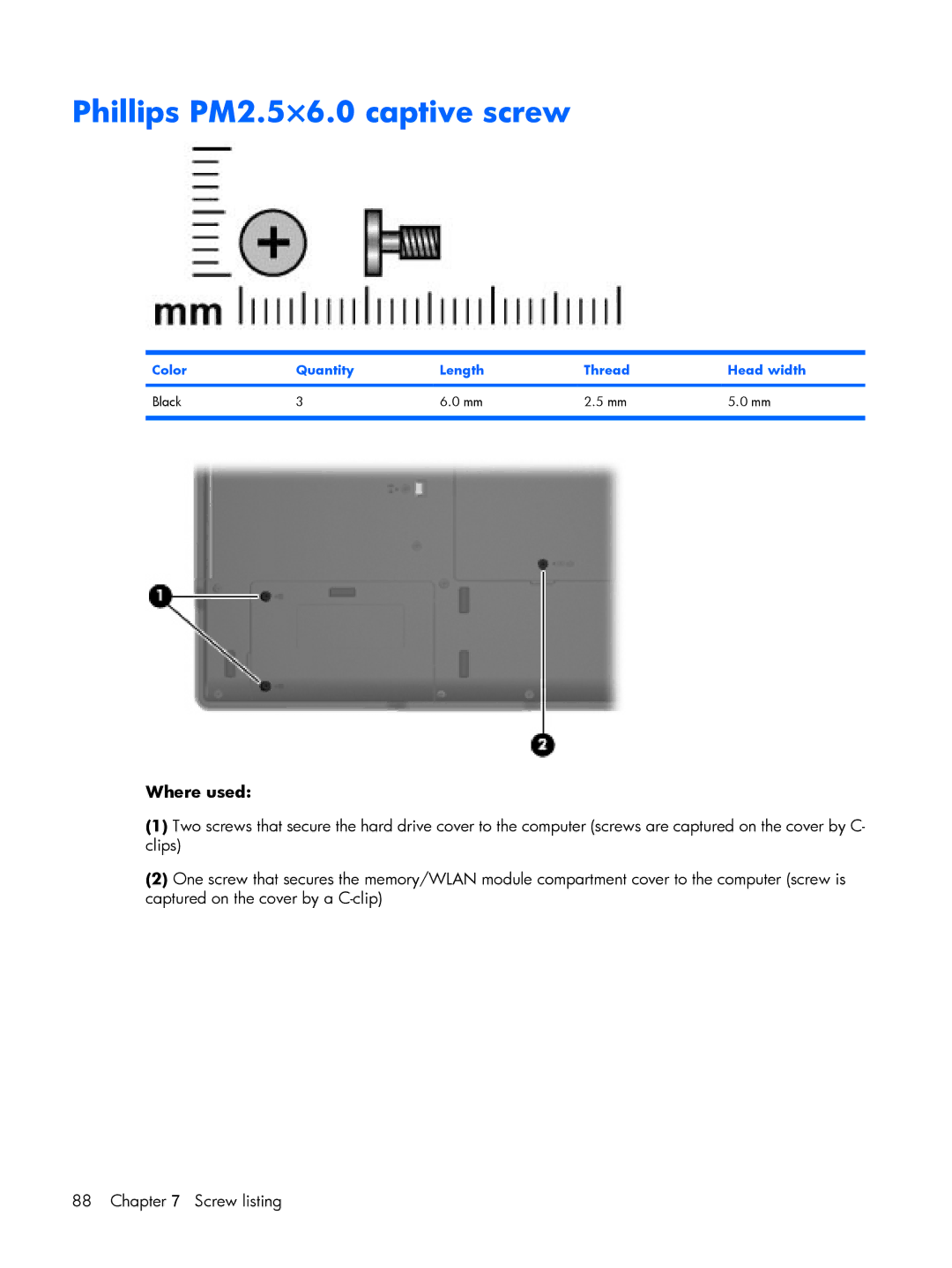 HP 530 manual Phillips PM2.5×6.0 captive screw, Color Quantity Length Thread Head width Black 