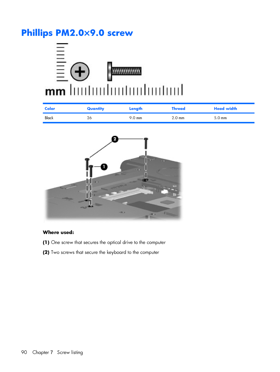 HP 530 manual Phillips PM2.0×9.0 screw 