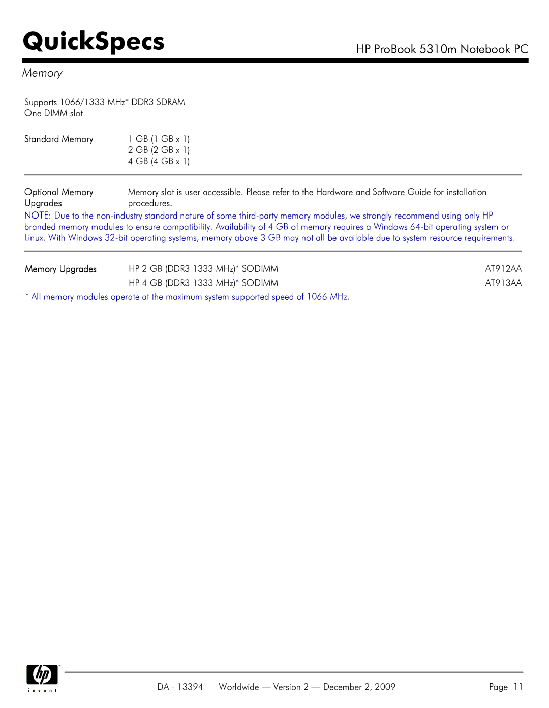 HP 5310M manual Standard Memory, Optional Memory, Memory Upgrades 