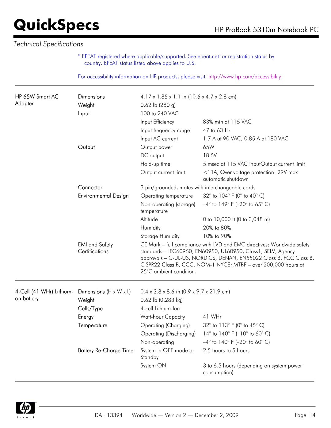 HP 5310M manual HP 65W Smart AC Dimensions, Adapter Weight, Input, Output, Connector, Environmental Design, EMI and Safety 