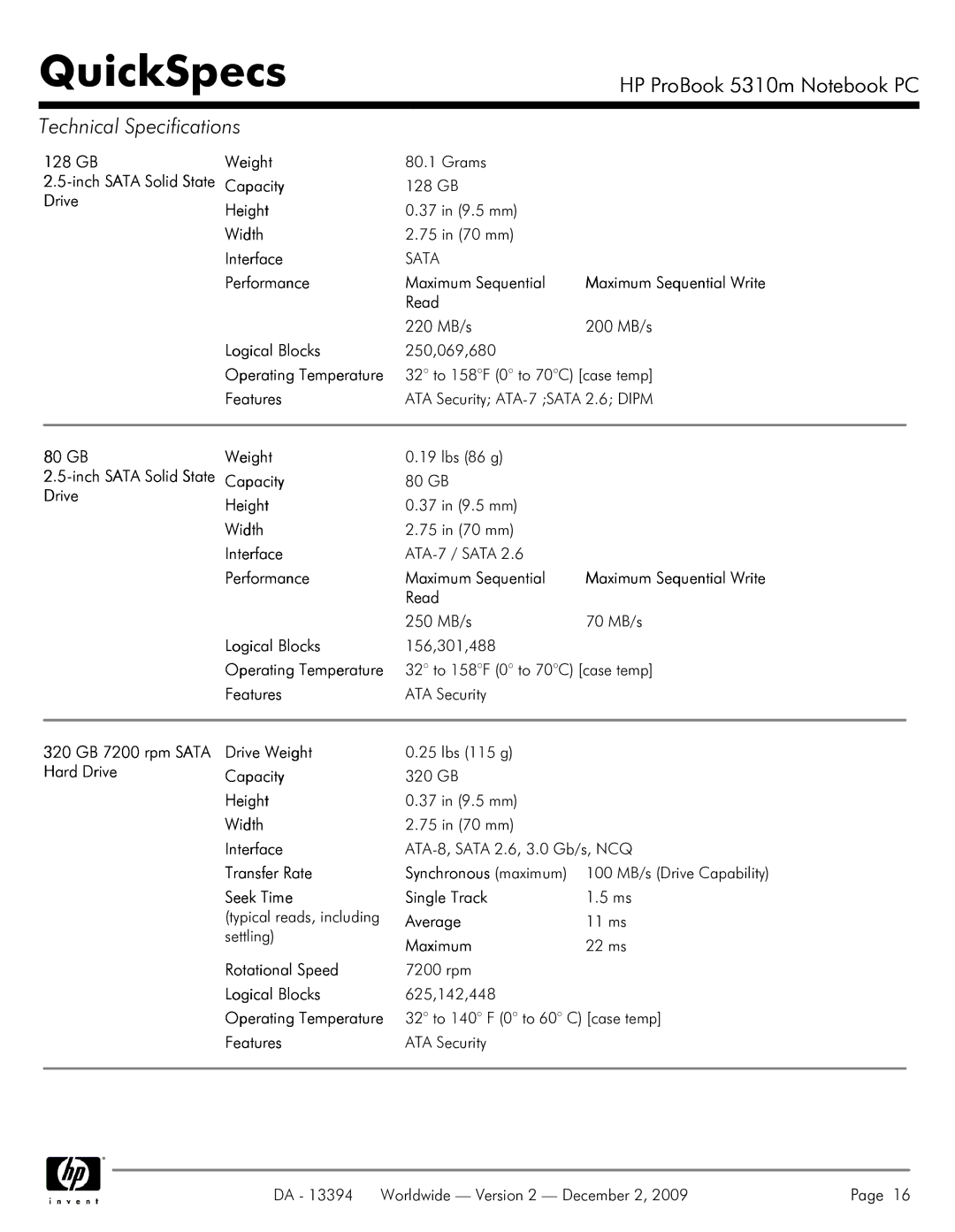 HP 5310M manual GB Weight Grams, 32 to 158F 0 to 70C case temp, Capacity, Transfer Rate, Seek Time Single Track, Average 