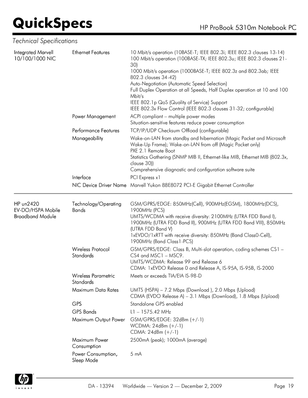 HP 5310M Integrated Marvell Ethernet Features, 10/100/1000 NIC, Power Management, Performance Features, Manageability 