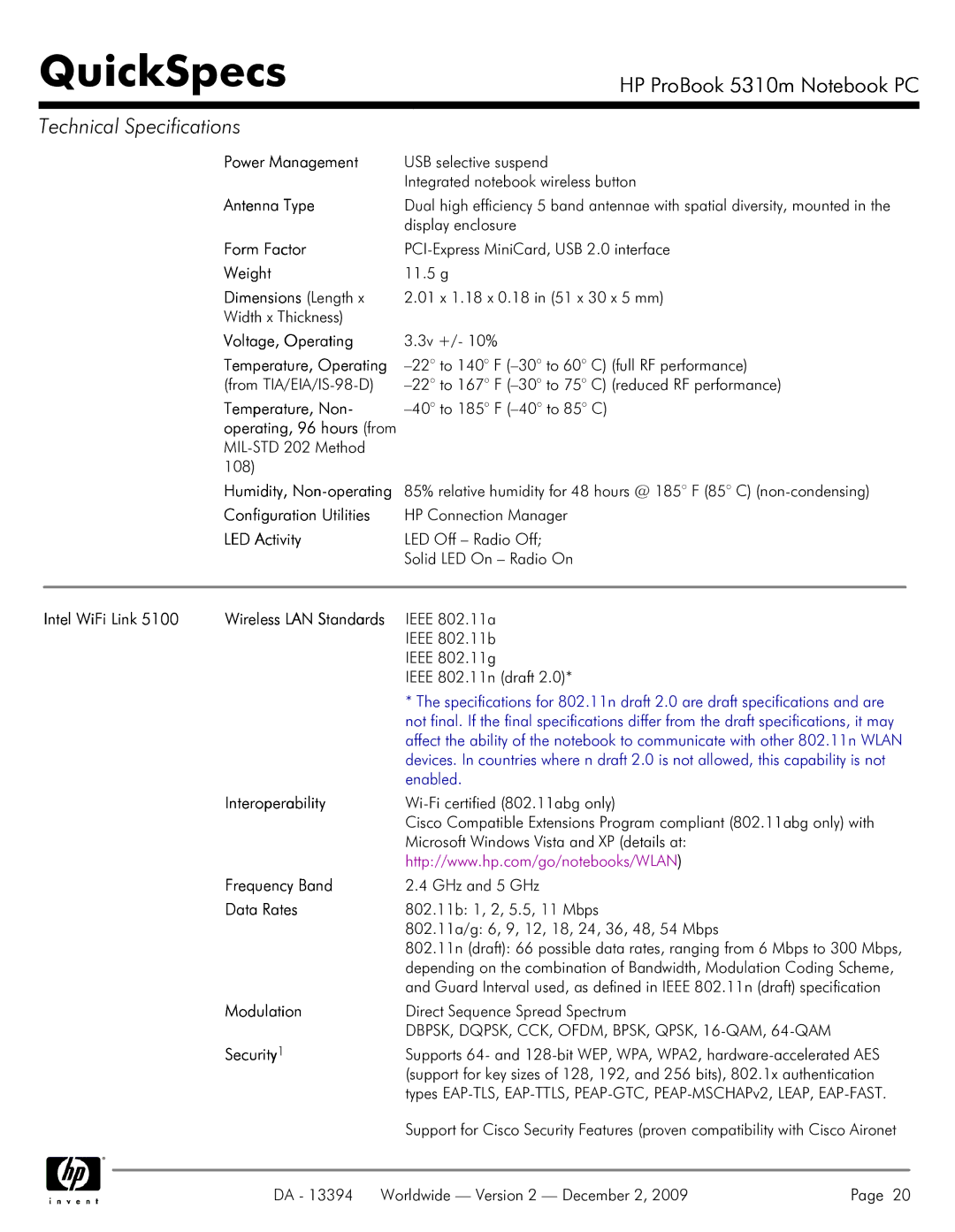 HP 5310M manual Antenna Type, Form Factor, Dimensions Length, Voltage, Operating, Temperature, Non, Configuration Utilities 
