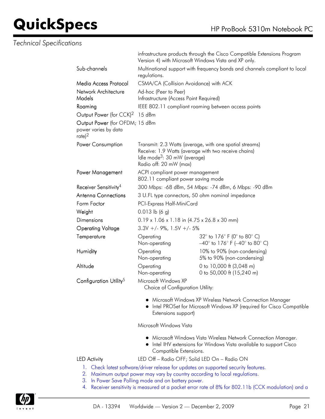 HP 5310M manual Sub-channels, Media Access Protocol, Network Architecture, Models, Roaming, Receiver Sensitivity, Humidity 