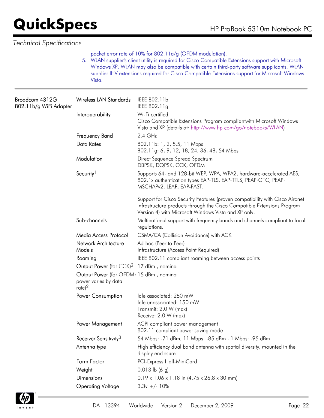 HP 5310M manual Technical Specifications34, Broadcom 4312G, 802.11b/g WiFi Adapter 