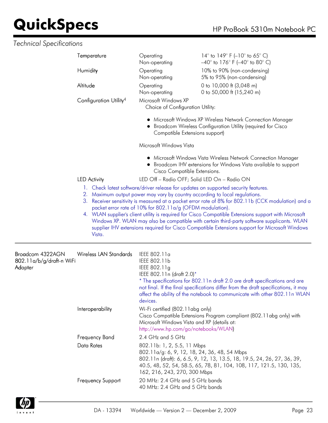 HP 5310M manual Broadcom 4322AGN, 802.11a/b/g/draft-n WiFi, Adapter, Frequency Support 