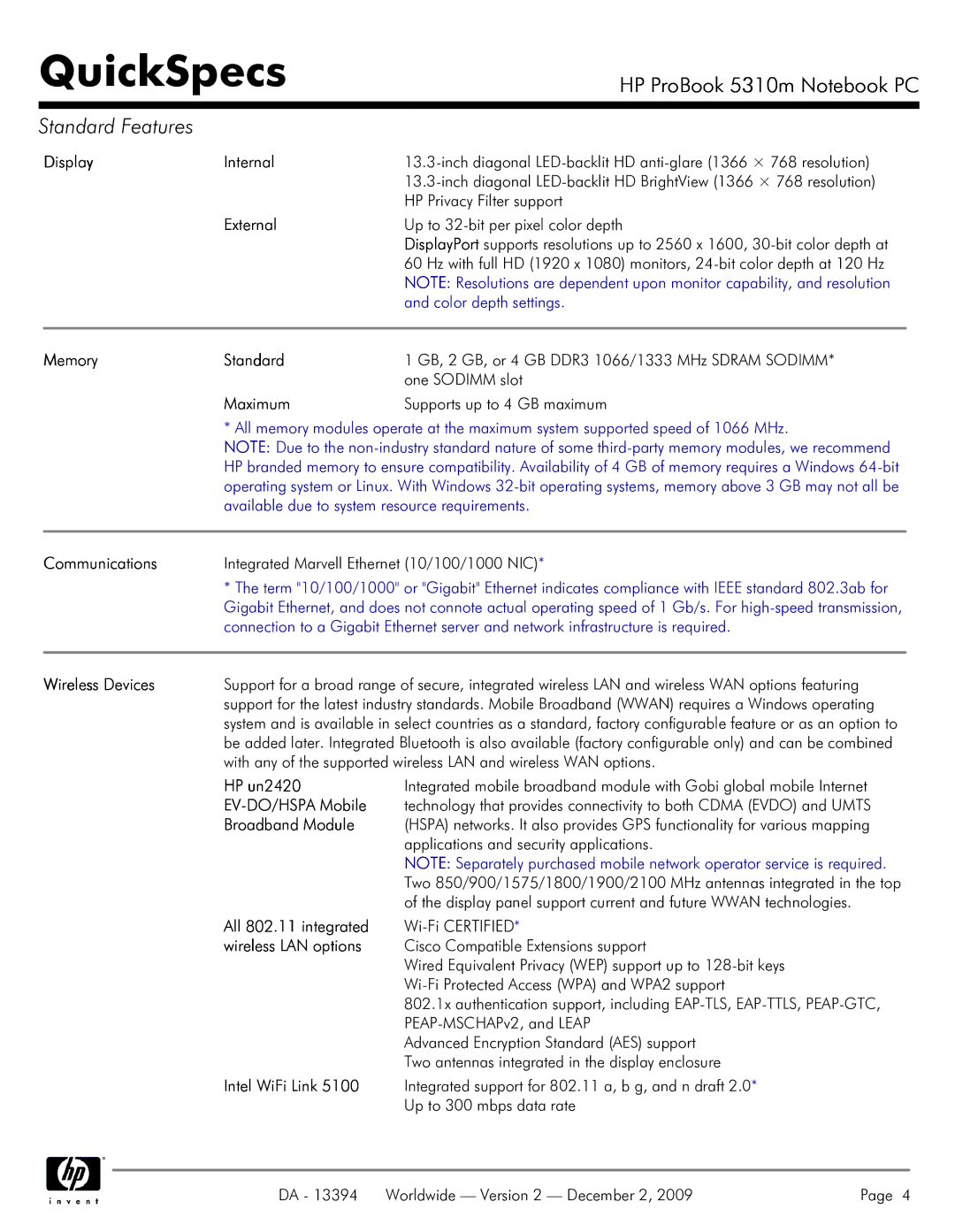 HP 5310M manual Display Internal, External, Memory Standard, Maximum, Communications, Wireless Devices, HP un2420 