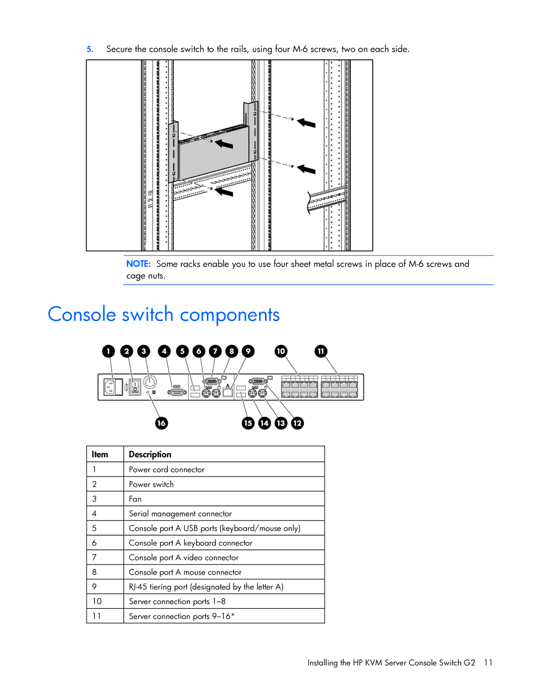 HP 531671-001 manual Console switch components, Description 