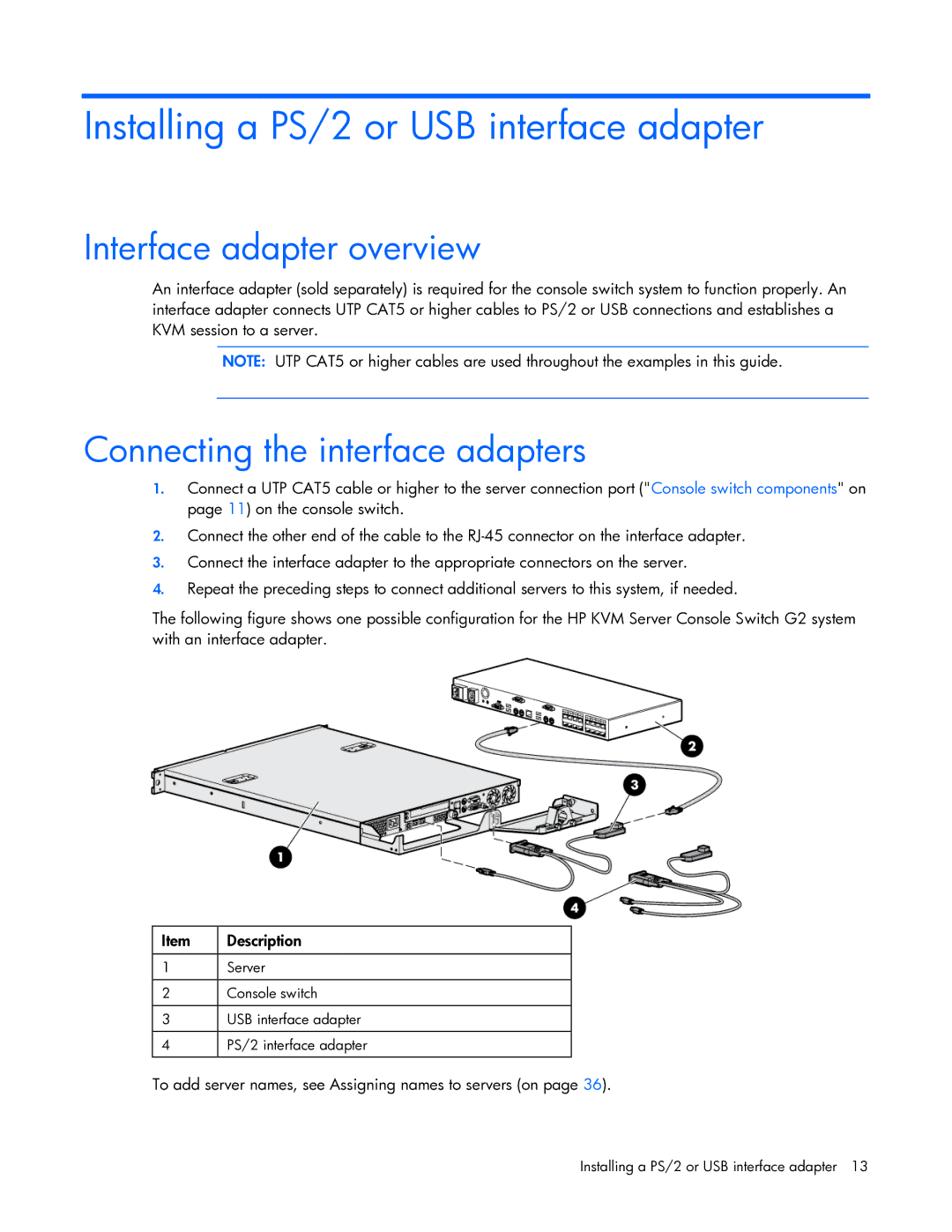 HP 531671-001 Installing a PS/2 or USB interface adapter, Interface adapter overview, Connecting the interface adapters 