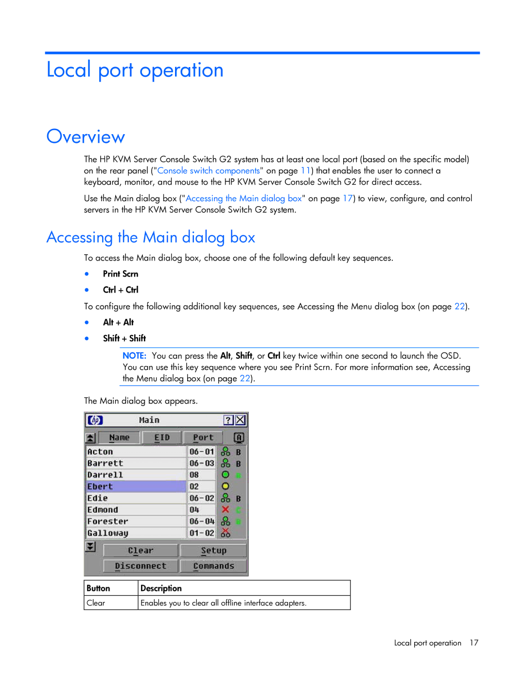 HP 531671-001 manual Local port operation, Accessing the Main dialog box 