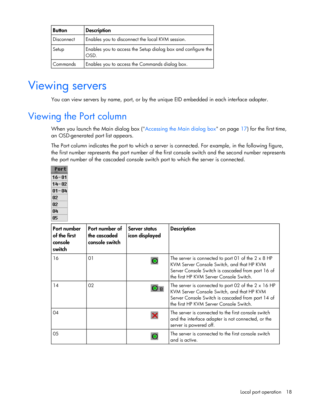 HP 531671-001 manual Viewing servers, Viewing the Port column, Button Description 