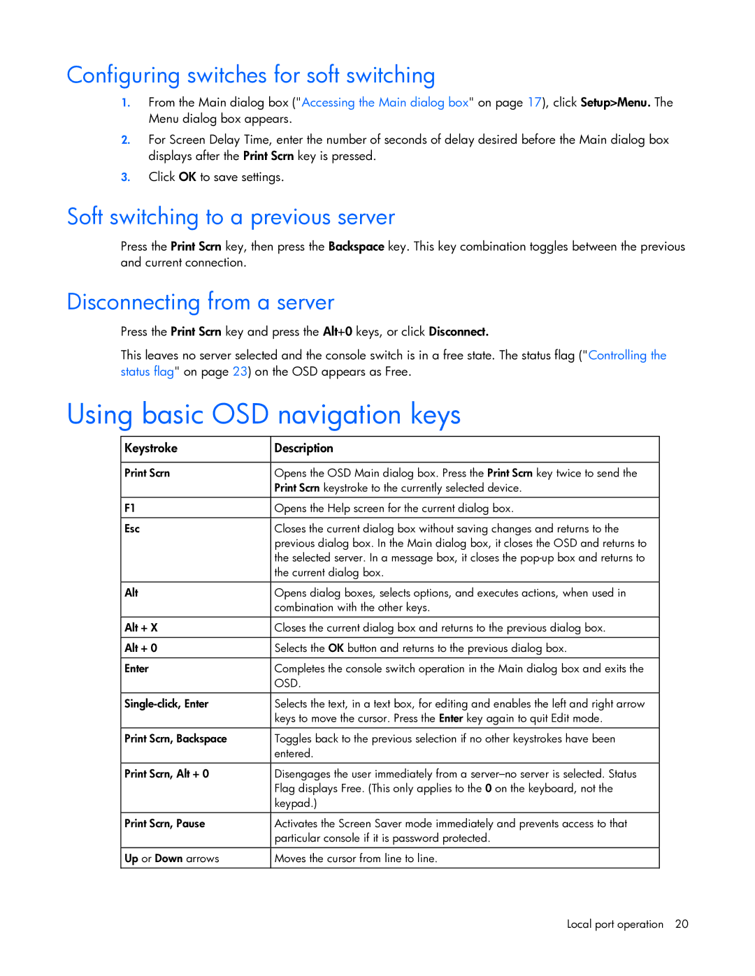HP 531671-001 manual Using basic OSD navigation keys, Configuring switches for soft switching, Disconnecting from a server 