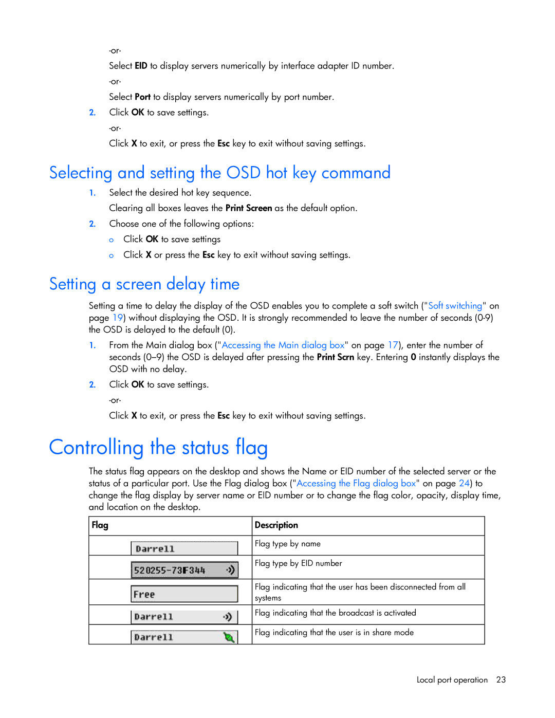 HP 531671-001 Controlling the status flag, Selecting and setting the OSD hot key command, Setting a screen delay time 