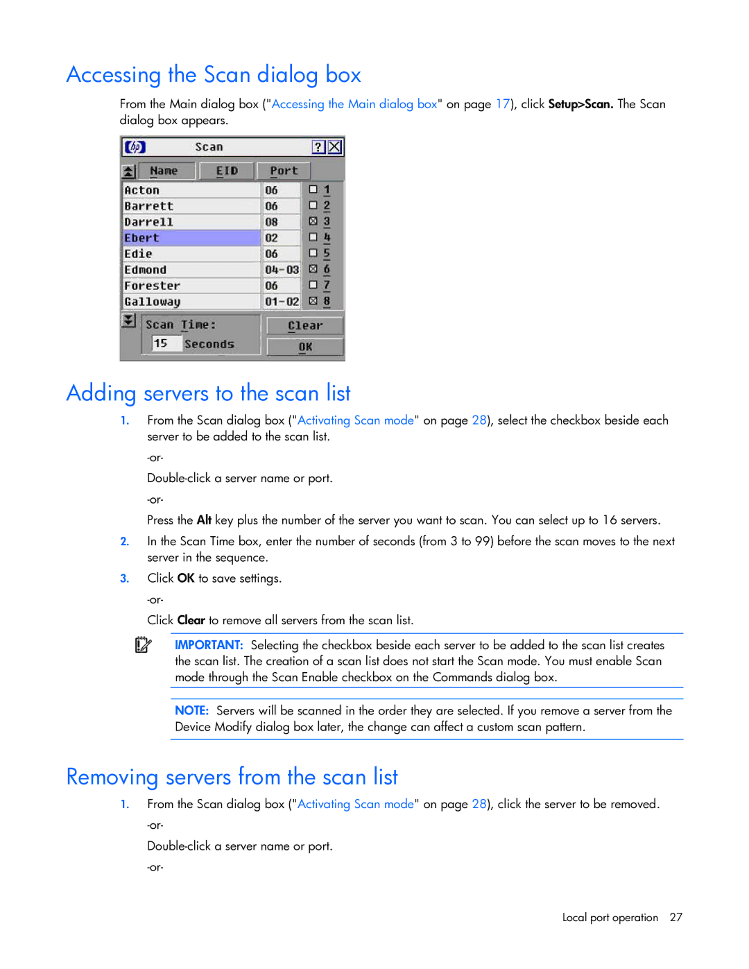 HP 531671-001 manual Accessing the Scan dialog box, Adding servers to the scan list, Removing servers from the scan list 