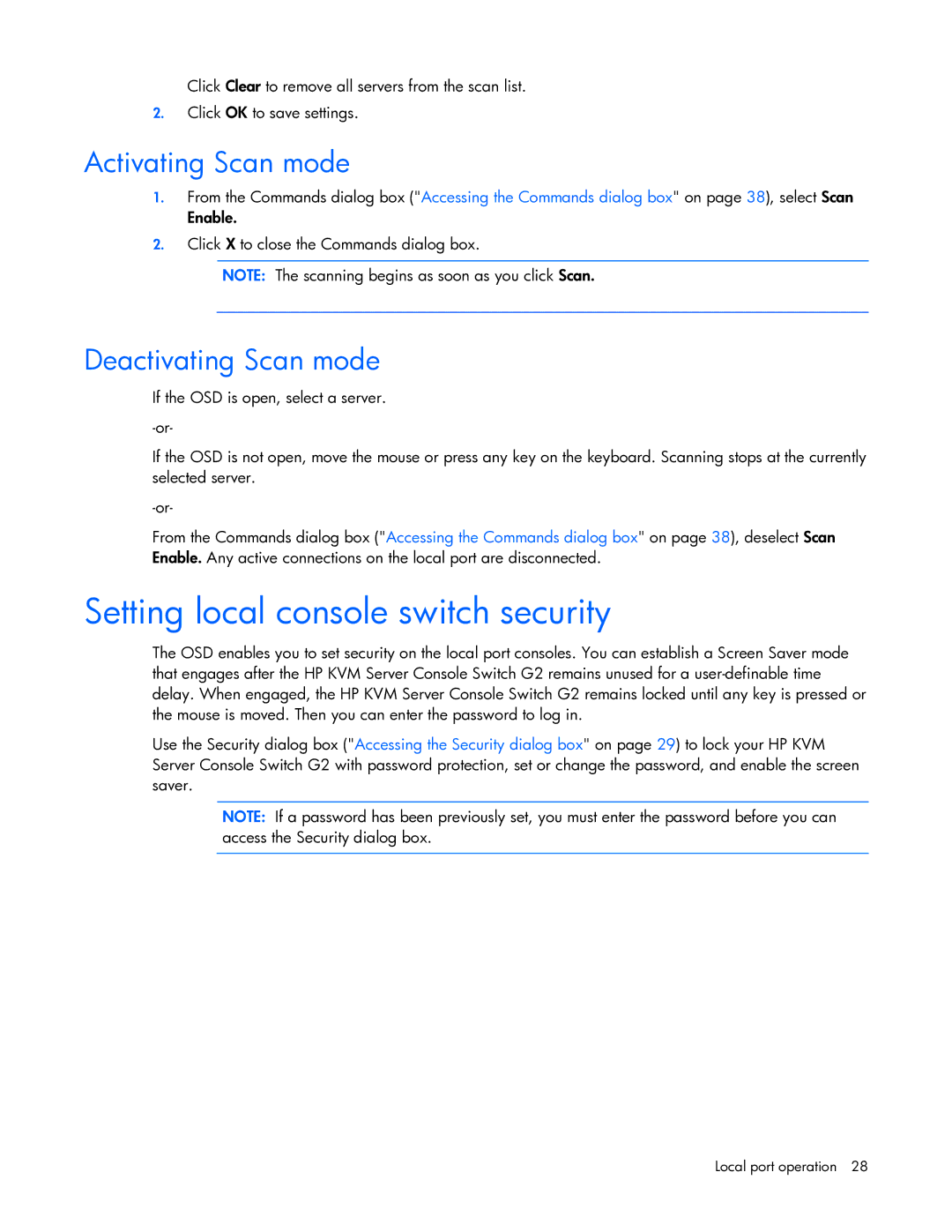 HP 531671-001 manual Setting local console switch security, Activating Scan mode, Deactivating Scan mode 