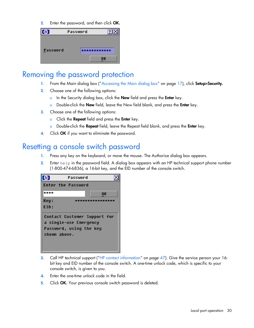 HP 531671-001 Removing the password protection, Resetting a console switch password, Enter the password, and then click OK 