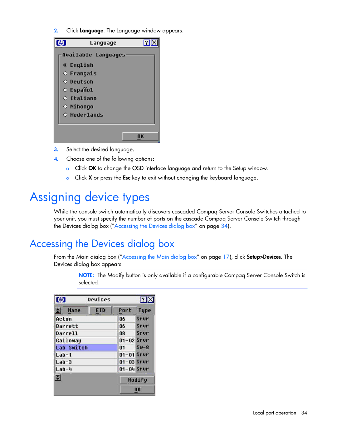 HP 531671-001 manual Assigning device types, Accessing the Devices dialog box 