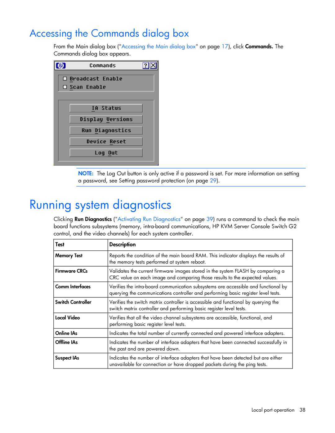 HP 531671-001 manual Running system diagnostics, Accessing the Commands dialog box 