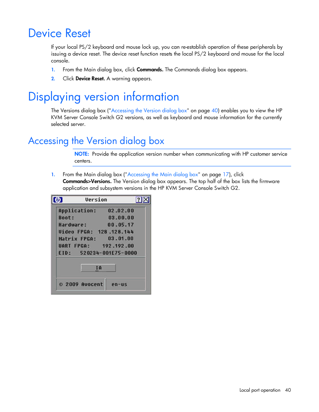 HP 531671-001 manual Device Reset, Displaying version information, Accessing the Version dialog box 