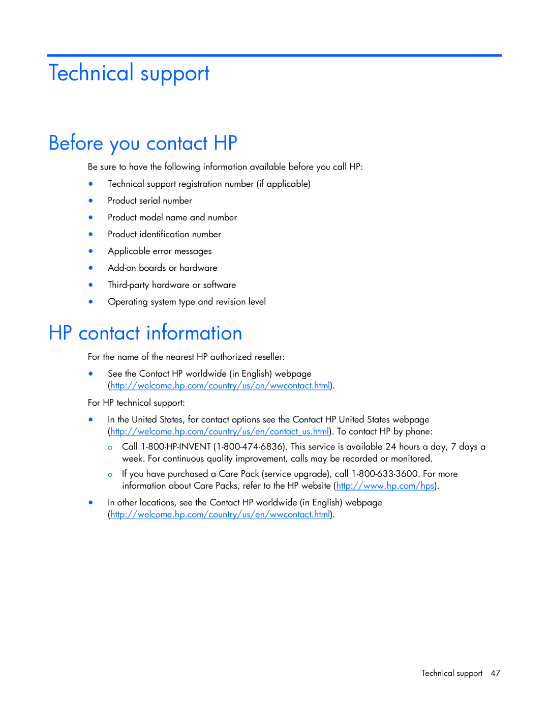 HP 531671-001 manual Technical support, Before you contact HP, HP contact information 