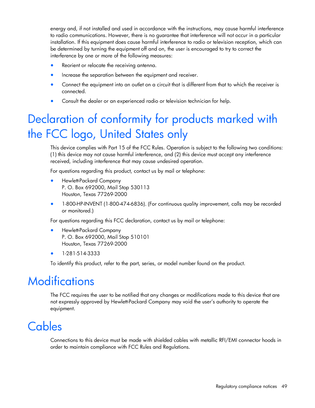 HP 531671-001 manual Modifications, Cables 