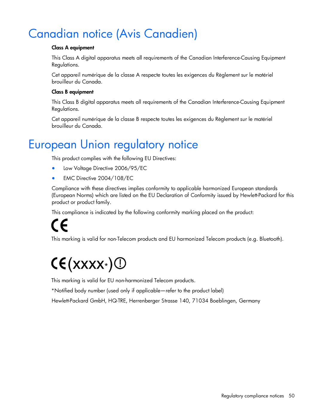 HP 531671-001 manual Canadian notice Avis Canadien, European Union regulatory notice 