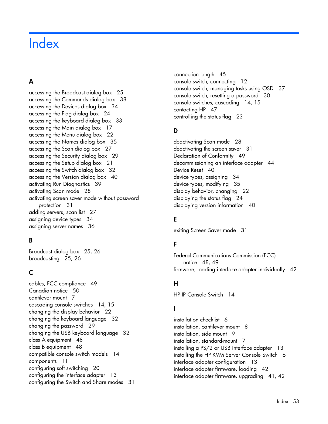 HP 531671-001 manual Index 