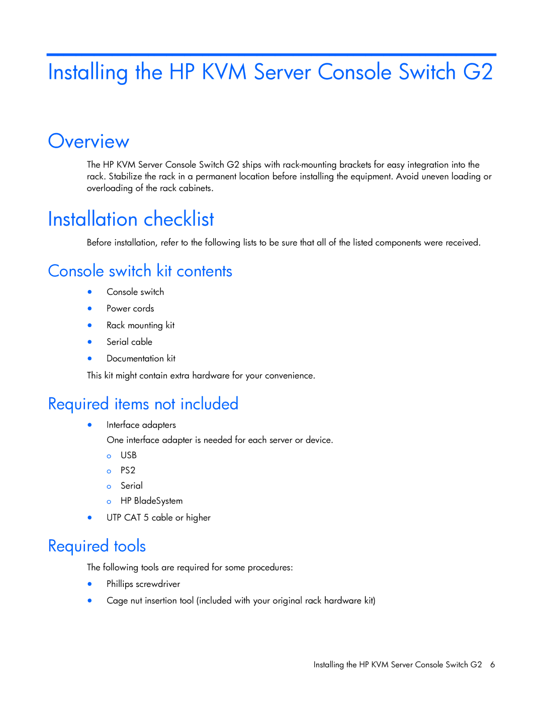 HP 531671-001 manual Installing the HP KVM Server Console Switch G2, Overview, Installation checklist 