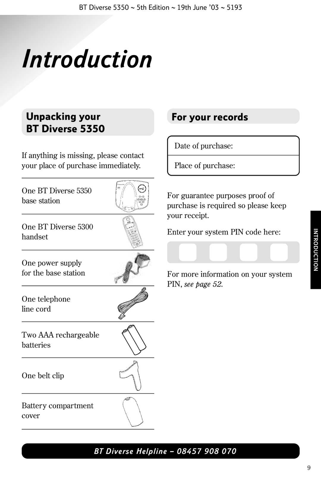 HP 5350 manual Introduction, Unpacking your For your records BT Diverse 