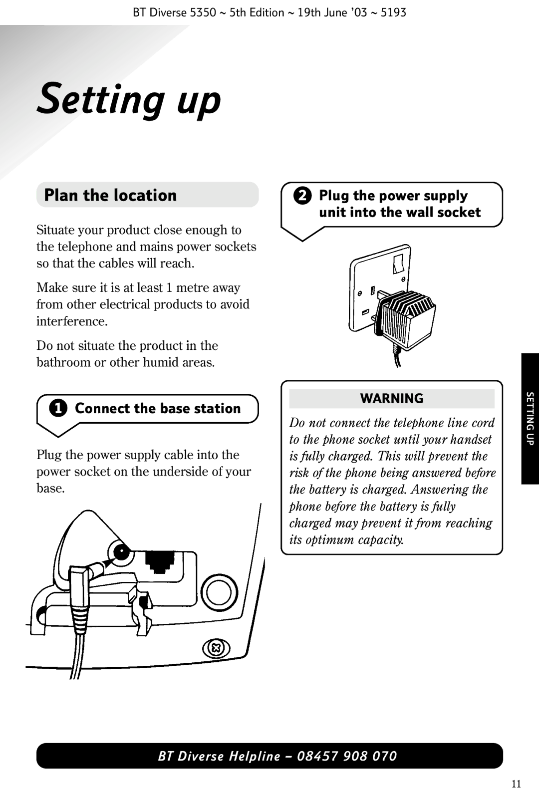 HP 5350 manual Setting up, Plan the location, Plug the power supply, Unit into the wall socket, Connect the base station 