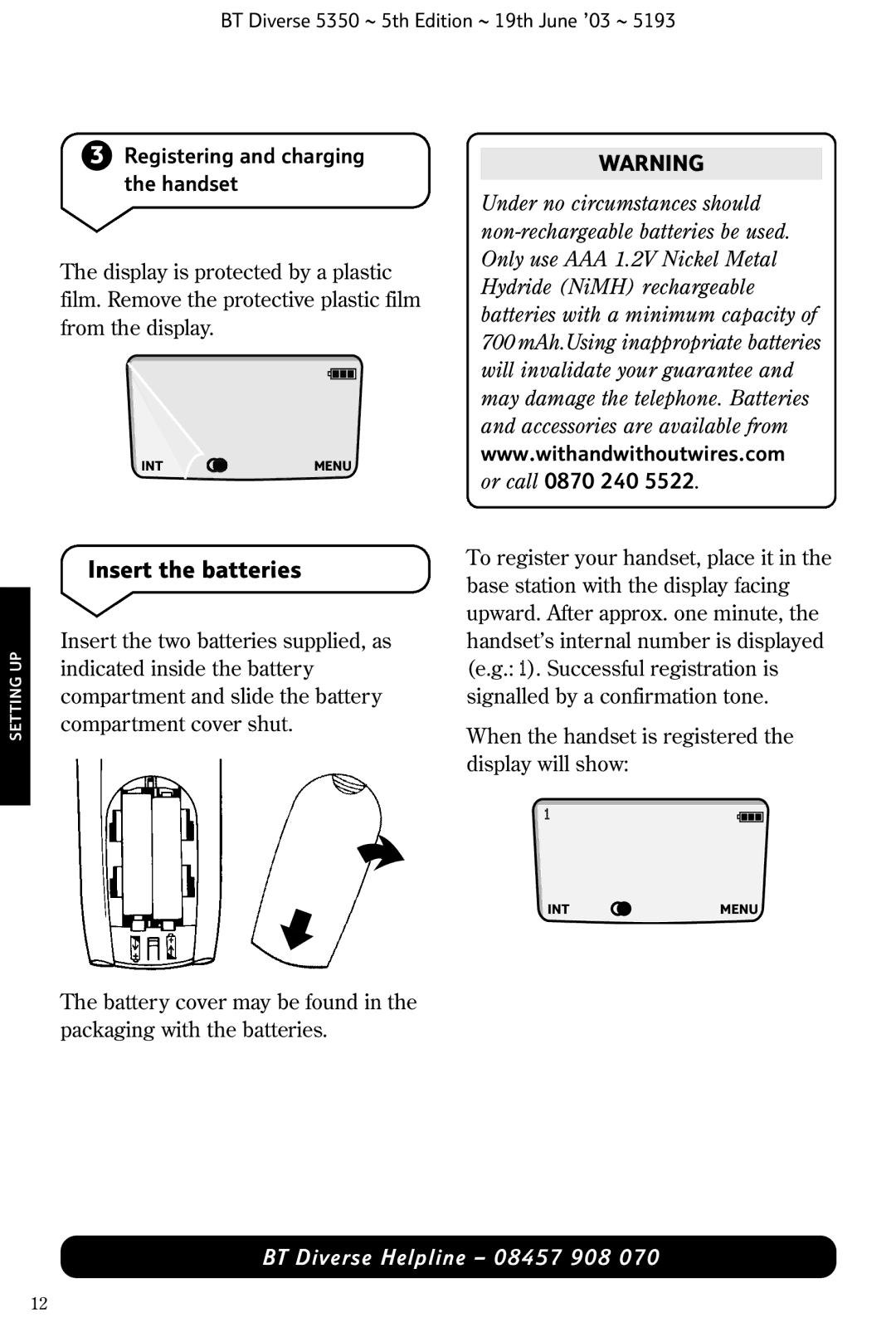 HP 5350 manual Insert the batteries, Registering and charging the handset 