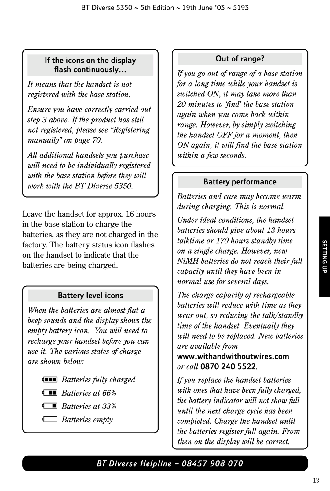 HP 5350 manual If the icons on the display Flash continuously, Battery level icons, Out of range?, Battery performance 