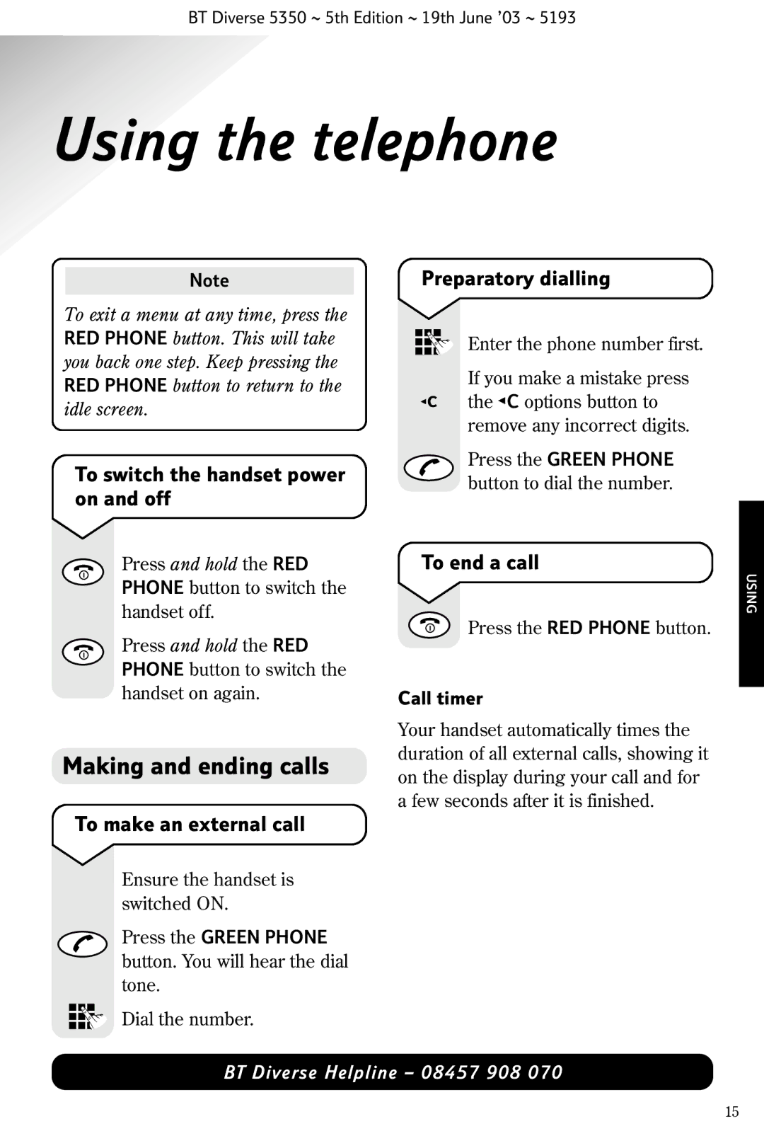 HP 5350 manual Using the telephone, Making and ending calls 