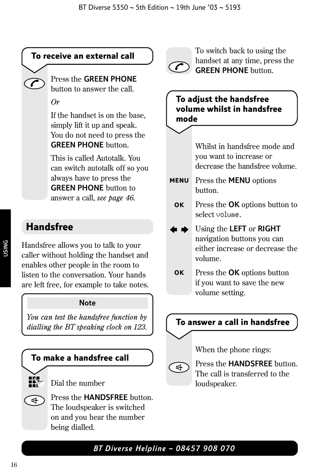 HP 5350 manual Handsfree, To receive an external call, To adjust the handsfree volume whilst in handsfree mode 