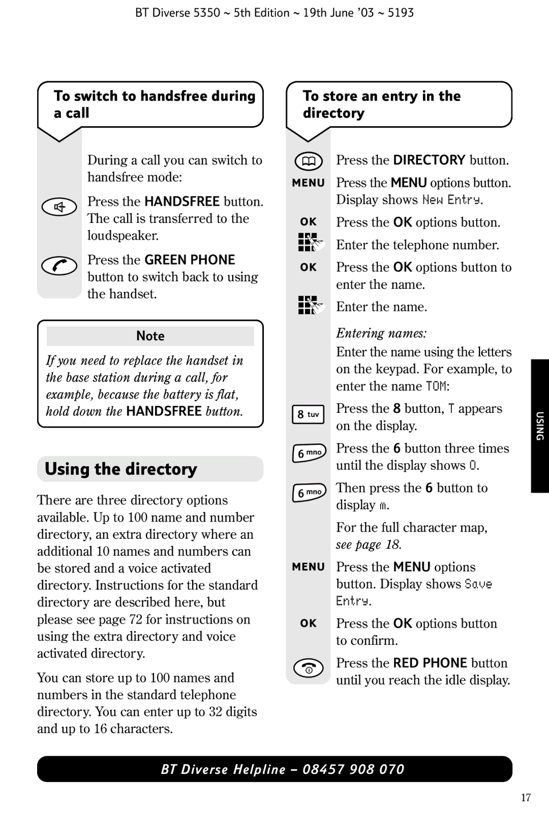 HP 5350 manual Using the directory, Entry, Entering names, See 