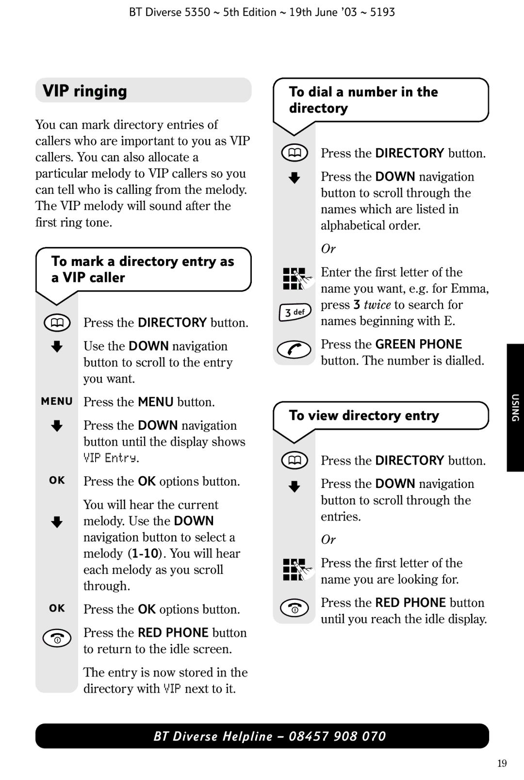 HP 5350 VIP ringing, To mark a directory entry as a VIP caller, To dial a number in the directory, To view directory entry 