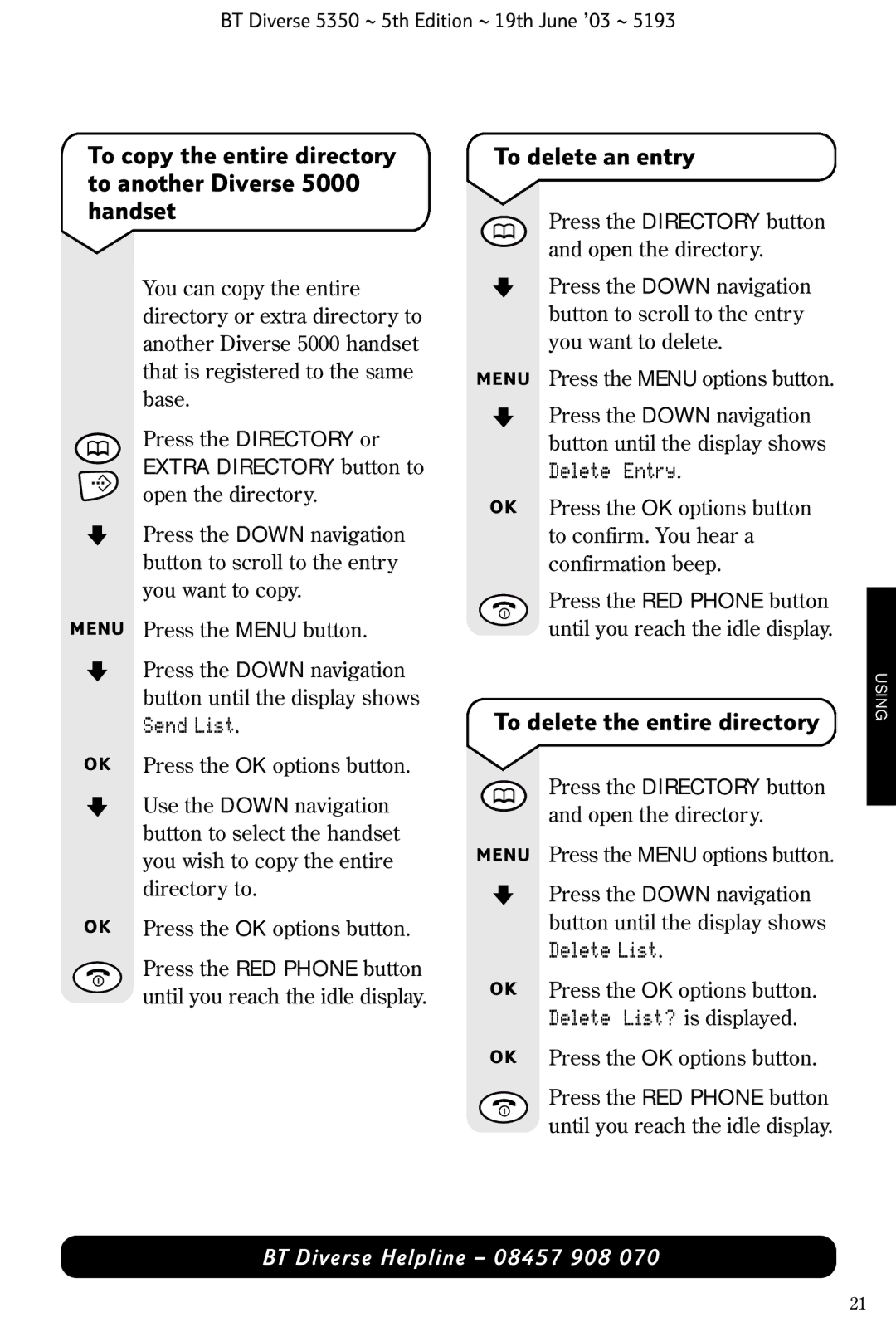 HP 5350 manual To delete an entry, To delete the entire directory 